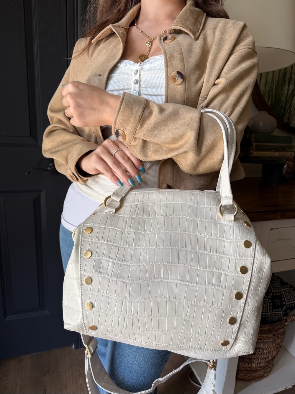 Hammitt White Croc-Embossed Crossbody Satchel with Gold Studs